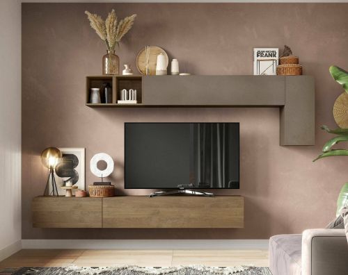 Parete attrezzata Talvacchia, Composizione soggiorno, Mobile salotto multiuso, Armadio porta TV, Made in Italy, 276x30 h180 cm, Bronzo e Noce