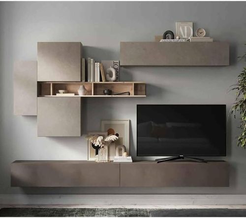 Parete attrezzata Telese, Composizione soggiorno, Mobile salotto multiuso, Armadio porta TV, Made in Italy, 276x30 h210 cm, Bronzo e Grigio