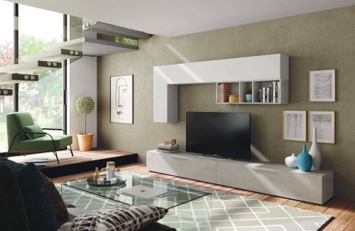 Parete attrezzata Tulsa, Mobile da soggiorno porta TV, Composizione per salotto con pensile, 260x42h32 cm, Cemento e Bianco