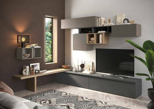 Parete attrezzata Turano, Composizione soggiorno, Mobile salotto multiuso, Armadio porta TV, Made in Italy, 276x40 h200 cm, Bronzo e Antracite
