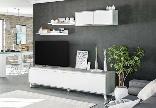 Parete attrezzata Vergennes, Set da soggiorno, Mobile salotto multiuso, Parete attrezzata moderna, 200x41h50 cm, Cemento e Bianco lucido