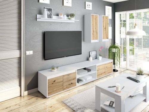 Parete attrezzata Wells, Set da soggiorno, Mobile salotto multiuso, Composizione per salotto moderno, 200x40h114 cm, Bianco e Rovere