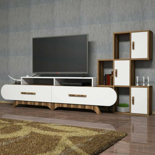 Parete attrezzata Zephyria, Set da soggiorno modulabile, Mobile salotto multiuso, Armadio porta TV moderno, 205x37h50 cm, Noce e Bianco