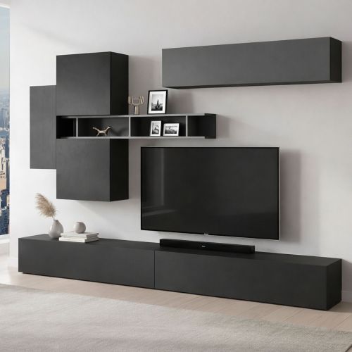 Parete salotto in legno e metallo 276cm ardesia e grigia scuro - Nate