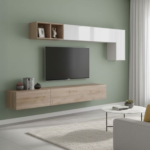 Parete salotto in legno e metallo 276cm bianca lucida e rovere - Barumini