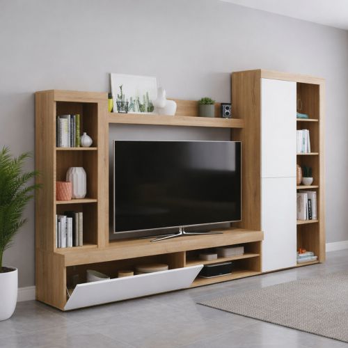 Parete salotto moderna 240cm bianca e rovere - Neera