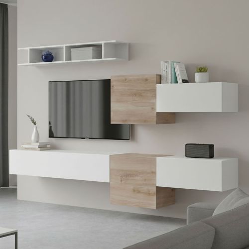 Parete salotto moderna 262cm bianca lucida e rovere - Tony