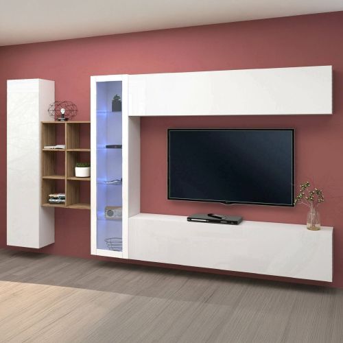 Parete salotto moderna 280cm bianca lucida e acero - Alessano