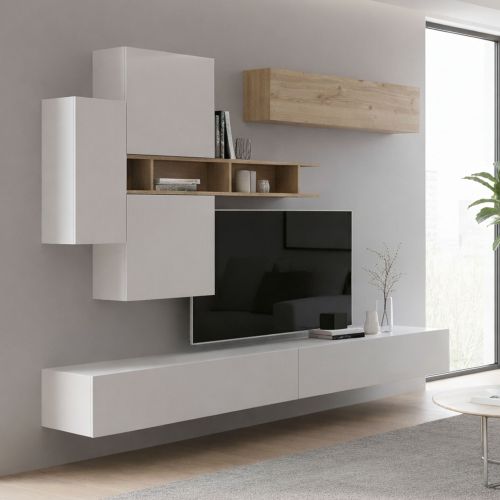 Parete salotto modulabile 276cm bianca lucida e rovere - Nate