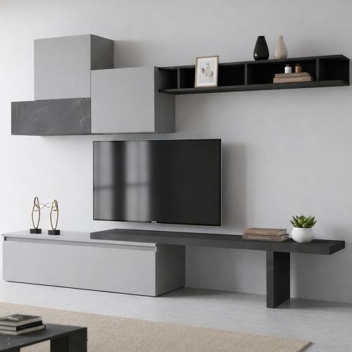 Parete salotto multifunzione 262cm ardesia e grigia scuro - Larix