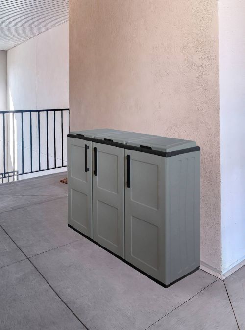 Pattumiera Aalst, Cestino portarifiuti, Bidone per raccolta differenziata a 3 ante, 100% Made in Italy, 102x37h84 cm, Grigio e Nero, Finitura quadri