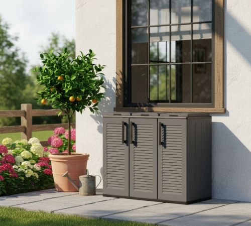 Pattumiera Aalst, Cestino portarifiuti, Bidone per raccolta differenziata a 3 ante, 100% Made in Italy, 102x37h84 cm, Grigio e Nero, Finitura righe