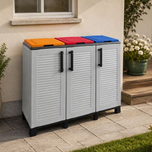 Pattumiera Grigio Chiaro Multicolore Capacità 330 (110 per Sacco) 3 Cestini 102x37x90h cm, Colore Struttura Multicolore Made in Italy - Apix