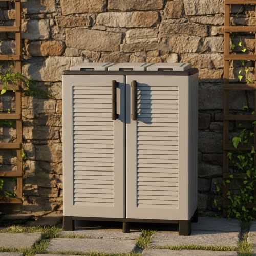 Pattumiera Grigio Chiaro Nero Capacità 210 (70 per Sacco) 3 Cestini 68x37x90h cm, Colore Struttura Nero Made in Italy - Tremolite