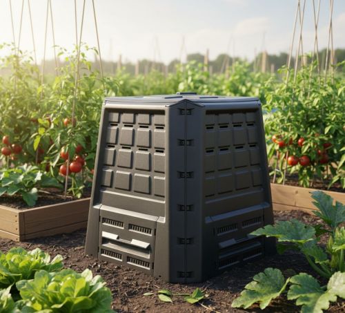 Pattumiera Herne, Compostiera da giardino, Contenitore per compostaggio domestico, 100% Made in Italy, 80x80h82 cm, Antracite