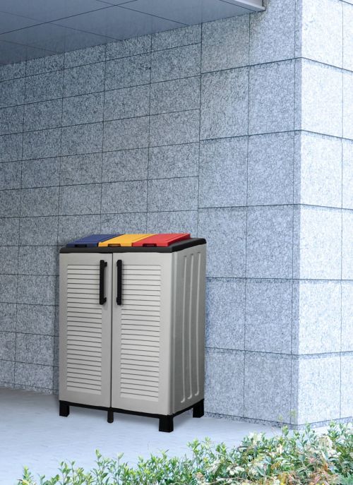 Pattumiera Hotton, Cestino portarifiuti, Bidone per raccolta differenziata a 2 ante, 100% Made in Italy, 68x37h90 cm, Grigio chiaro e Multicolore