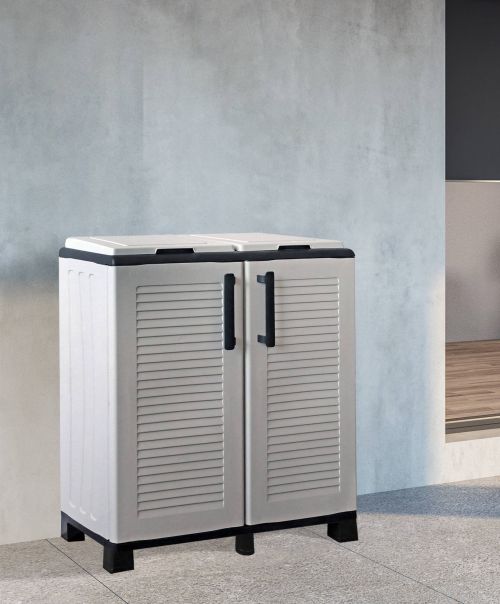 Pattumiera Jurbise, Cestino portarifiuti, Bidone per raccolta differenziata, 100% Made in Italy, 68x37h90 cm, Grigio chiaro e Nero, Finitura righe