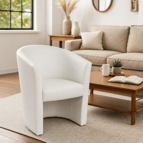 Poltrona Abrera, Poltrona da salotto, Seduta imbottita, Sedia con braccioli in ecopelle, 64x63h76 cm, Bianco
