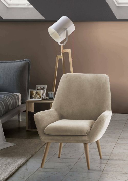 Poltrona Annarita, Poltrona di design da salotto, 100% Made in Italy, Poltroncina relax in tessuto imbottito, Cm 80x70h95, Beige