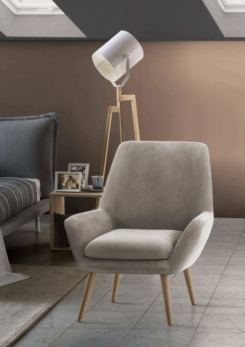 Poltrona Annarita, Poltrona di design da salotto, 100% Made in Italy, Poltroncina relax in tessuto imbottito, Cm 80x70h95, Tortora