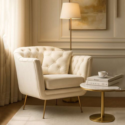 Poltrona Bianco Crema oro con Cuscino Braccioli 88x83x91h cm, Sfumatura Colore Struttura Crema - Turtuk
