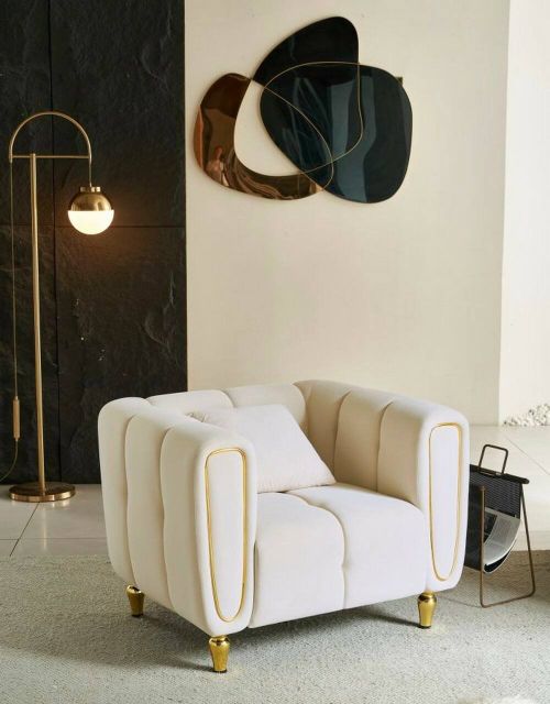 Poltrona Branco, Seduta imbottita, Divano singolo da salotto, Sedia con braccioli, 81x97 h71 cm, Crema e Oro