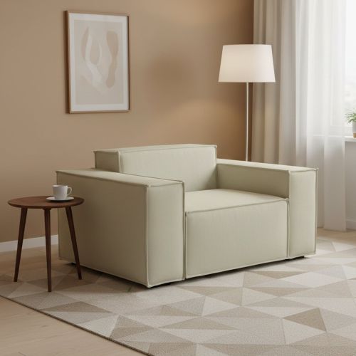 Poltrona in legno massello e tessuto con braccioli beige - Leonia