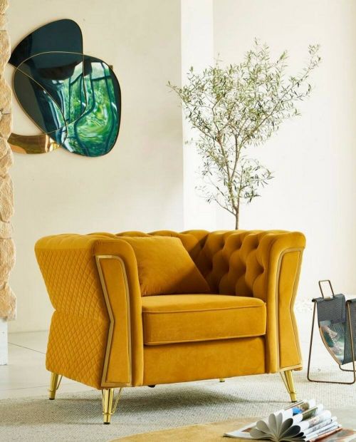 Poltrona Putumayo, Seduta imbottita, Divano singolo da salotto, Sedia con braccioli, 104x83 h76 cm, Ocra e Oro