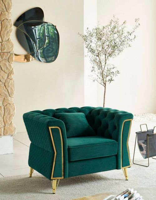 Poltrona Putumayo, Seduta imbottita, Divano singolo da salotto, Sedia con braccioli, 104x83 h76 cm, Verde e Oro