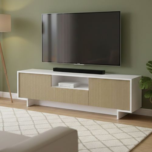 Porta TV bianco e beige 170x42x48h cm 2 ante e 1 cassetto - Atina