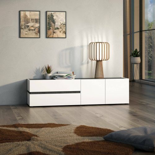 Porta TV bianco lucido e antracite 180x47x42h cm 2 ante e 2 cassetti - Basico