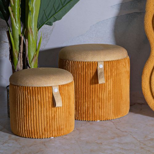 Pouf Contenitore Arancione Beige set da 2 Forma Rotondo 38x38x38h cm, Colore Struttura Beige - Fianar