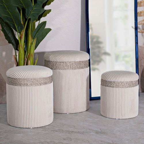 Pouf Contenitore Beige set da 3 Forma Rotondo 41x41x50h cm, Materiale Struttura in Tessuto - Ghanzi