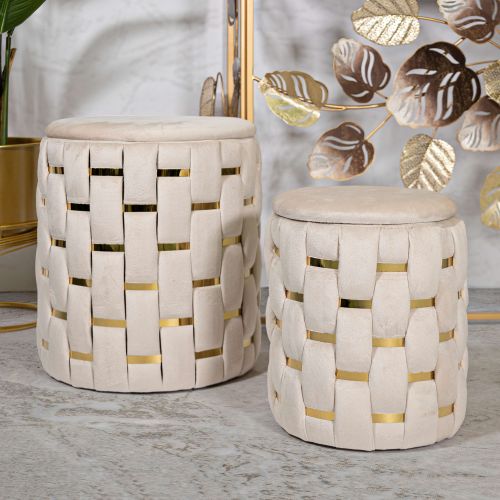 Pouf Contenitore Bianco Crema oro set da 2 Forma Rotondo 37x37x42h cm, Colore Struttura oro - Kasane