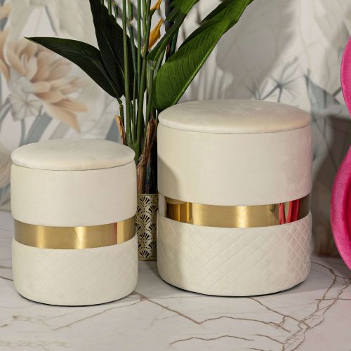 Pouf Contenitore Bianco Crema oro set da 2 Forma Rotondo 37x37x42h cm, Colore Struttura oro - Maun