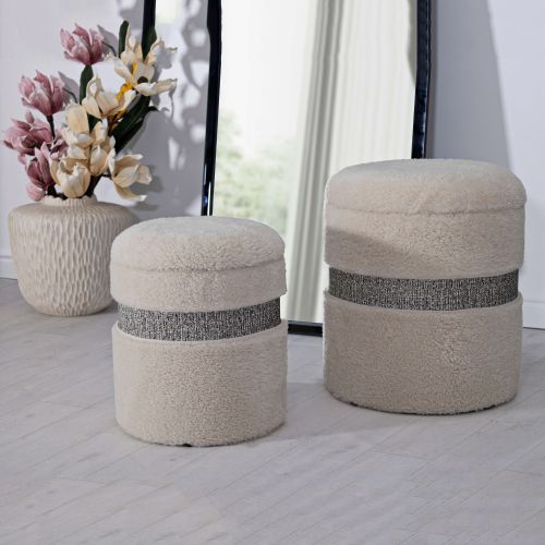 Pouf Contenitore Bianco Crema set da 2 Forma Rotondo 40x40x47h cm, Materiale Struttura in Tessuto - Luder