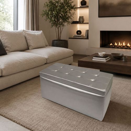 Pouf contenitore imbottito in ecopelle 90x45x45h cm argento - Felicita