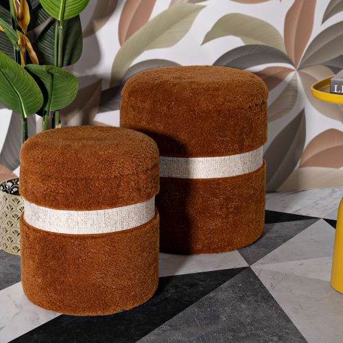 Pouf Contenitore Marrone Terracotta Beige set da 2 Forma Rotondo 40x40x47h cm, Colore Struttura Beige - Luder