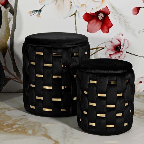 Pouf Contenitore Nero oro set da 2 Forma Rotondo 37x37x42h cm, Colore Struttura oro - Kasane