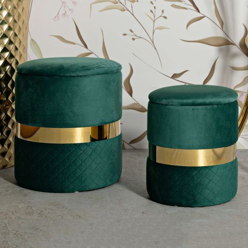 Pouf Contenitore Verde oro set da 2 Forma Rotondo 37x37x42h cm, Colore Struttura oro - Maun