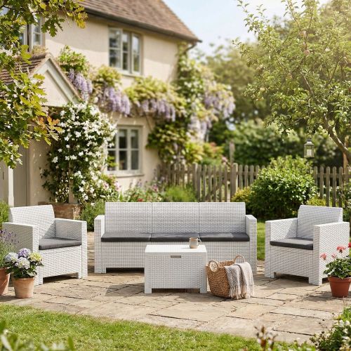 Salotto da cortile poltrone e divano effetto rattan bianco - Admiral