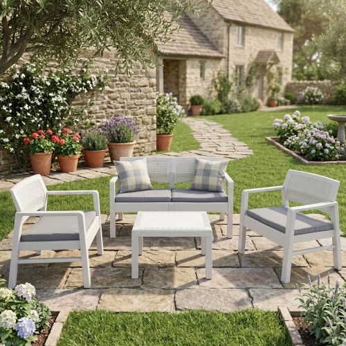 Salotto da esterno 4 posti e 1 tavolo effetto rattan bianco - Agnelo