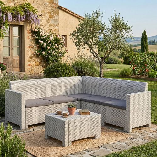 Salotto da esterno 5 posti e 1 tavolo effetto rattan bianco - Somnus