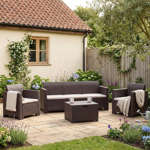 Salotto da esterno 5 posti e 1 tavolo effetto rattan marrone - Admiral