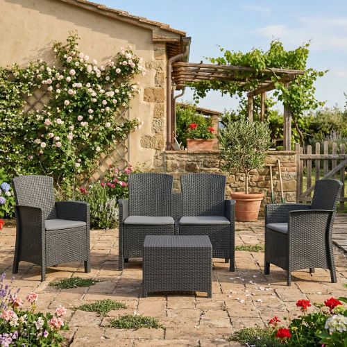 Salotto da giardino 4 posti e 1 tavolo effetto rattan antracite - Asiak