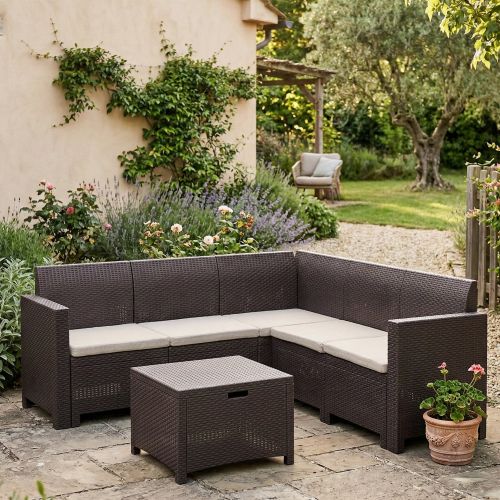 Salotto da giardino divano ad angolo 1 tavolino contenitore marrone - Somnus