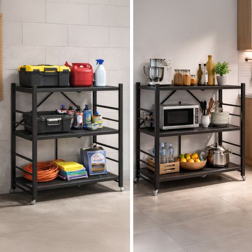 Scaffali Nero Antracite 3 Ripiani Ruote 71x38x87h cm, Richiudibile - Cossato