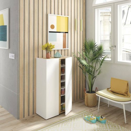 Scarpiera Ajlune, Mobile portascarpe, Armadio da ingresso multiuso, Mobiletto per calzature, 57x35 h102 cm, Bianco e Rovere Nodi
