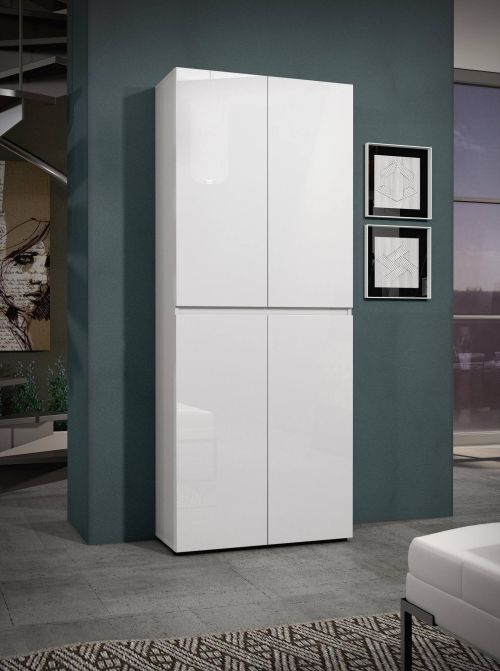 Scarpiera Alberton, Mobile portascarpe, Armadio da ingresso multiuso, Mobiletto per calzature, Made in Italy, 80x34h200 cm, Bianco lucido