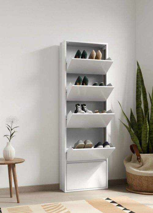 Scarpiera Alginet, Portascarpe salvaspazio, Scarpiera da ingresso, Mobile porta scarpe a 5 ante in metallo, 50x15h169 cm, Bianco